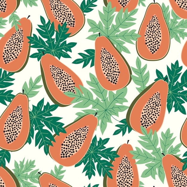 Papaya fruits seamless pattern with leaves