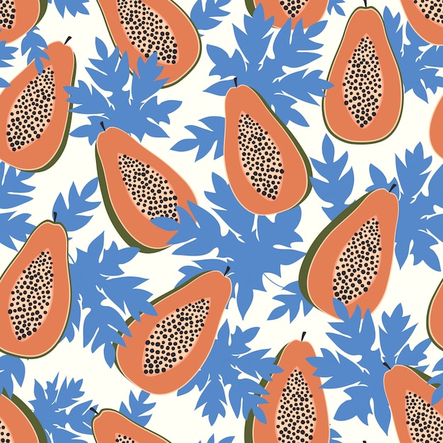 Papaya fruits seamless pattern with leaves