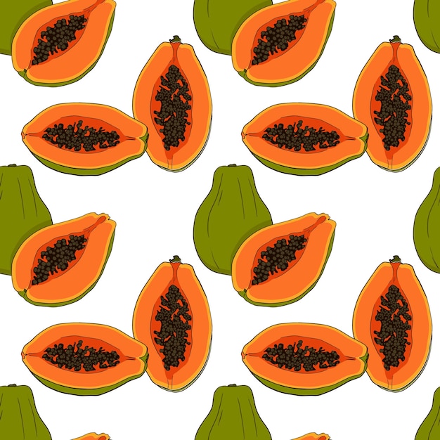 Papaya seamless pattern. Vector illustration. Exotic summer fruit seamless design