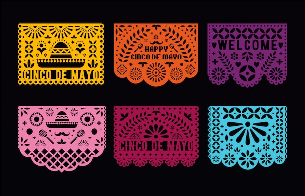  Papel Picado cards set. Cinco de Mayo.