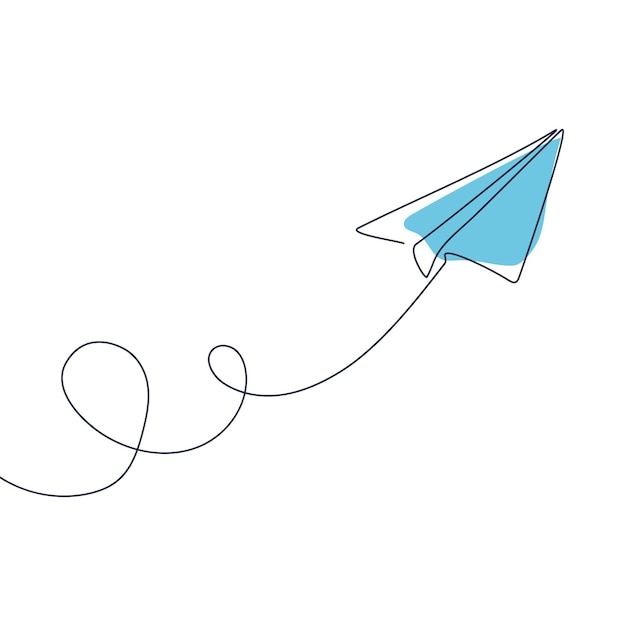 Paper airplane drawing continuous single black line Plane origami Vector illustration