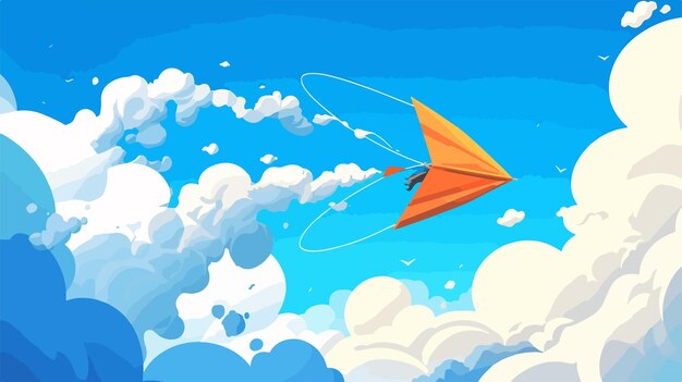 Vector a paper airplane flying in the sky with clouds and a blue sky with clouds