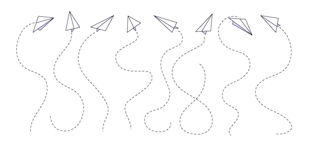 Paper airplane. Graphic flight paths, plane trails. Isolated doodle aviation travel routes