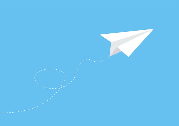 Paper airplane icon with dotted path Flying plane on blue background