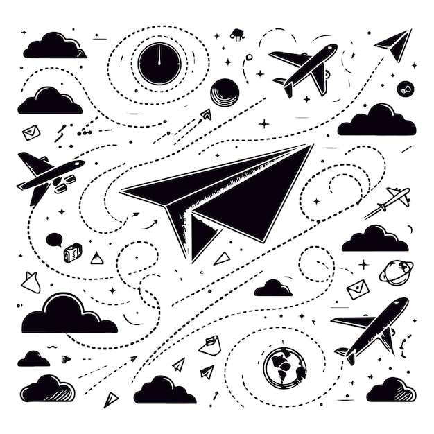 Paper airplane Outline flying planes from different angles and direction with dotted track travel