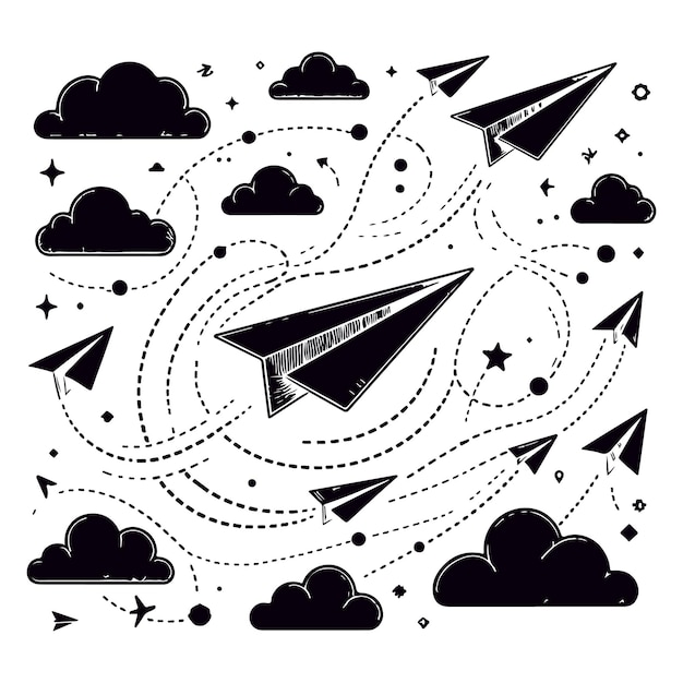 Paper airplane Outline flying planes from different angles and direction with dotted track travel