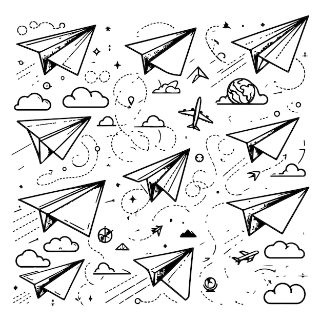 Paper airplane Outline flying planes from different angles and direction with dotted track travel