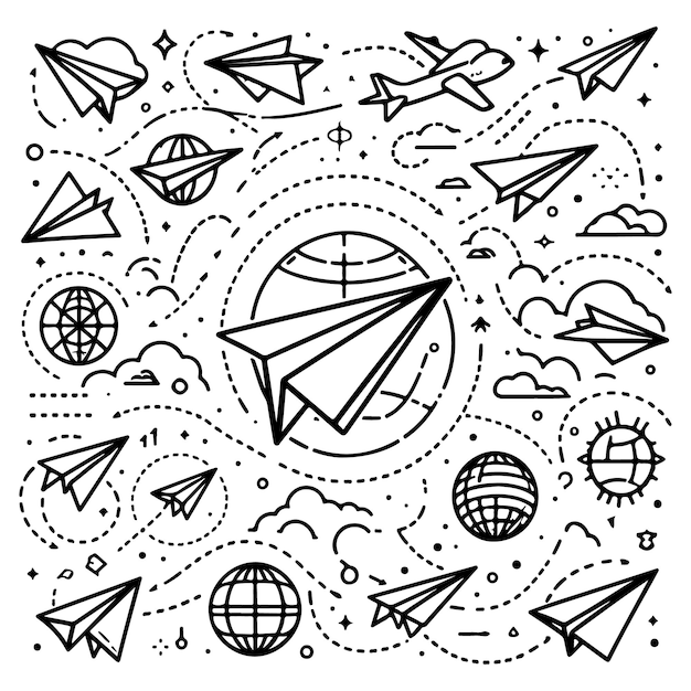 Paper airplane Outline flying planes from different angles and direction with dotted track travel