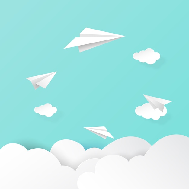 Paper airplanes flying on clouds and sky background