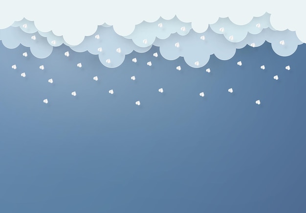 Paper art design style the concept is rainy season Cloud and rain on dark background vector design