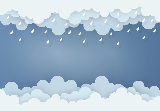 Paper art design style the concept is rainy season Cloud and rain on dark background vector design