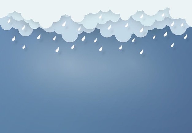 Paper art design style the concept is rainy season Cloud and rain on dark background vector design