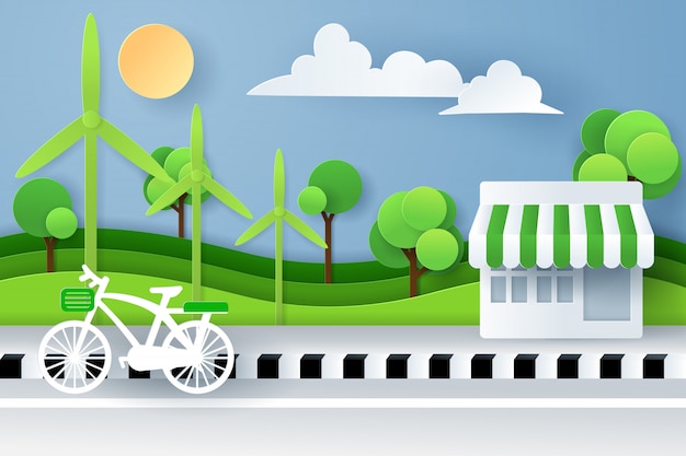 Paper art and digital craft style of nature landscape with bicycle, convenience stores and green eco forest, Green eco friendly city concept.