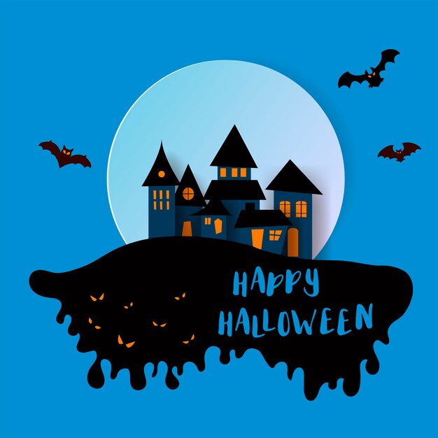 Paper art Happy halloween card Vector cut style illustration