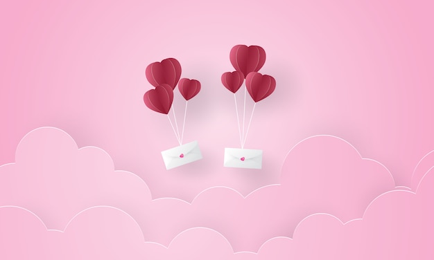 Paper art of love letter floating in the sky, Valentine's Day