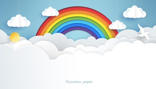 Paper art rainbow colours with sun bird and cloud in the sky rainbow are red orange yellow