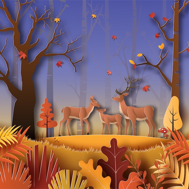 Paper art style of autumn landscape at night with deer family in a forest, many beautiful trees and leaves.