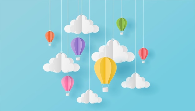 Paper art style of colorful hot air balloons and cloud on blue sky Vector illustration