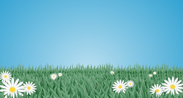 Vector paper art style of grass and flower in the garden