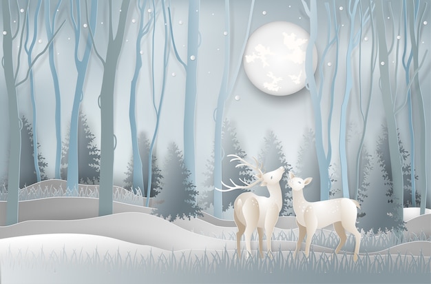 Paper art style of winter season of reindeer 