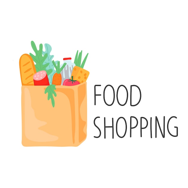 paper bag with groceries sticker lettering food shopping cartoon style