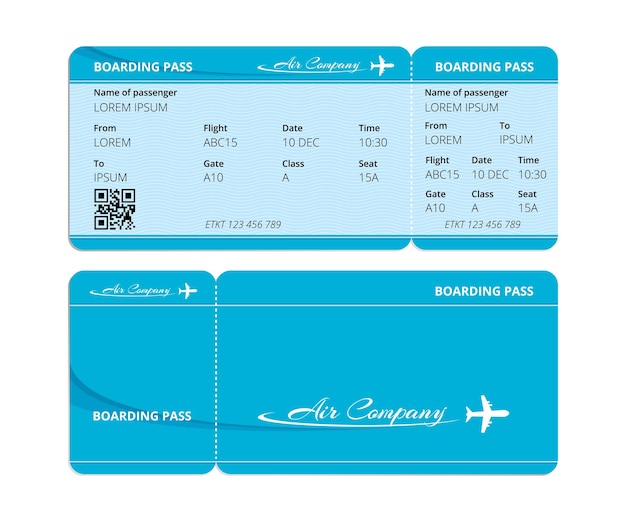 Paper blue boarding pass ticket for checking travelers with data