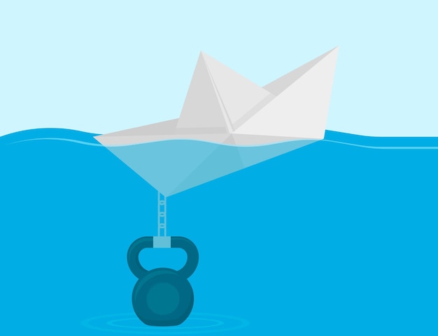 Paper Boat chained to the weight Vector illustration