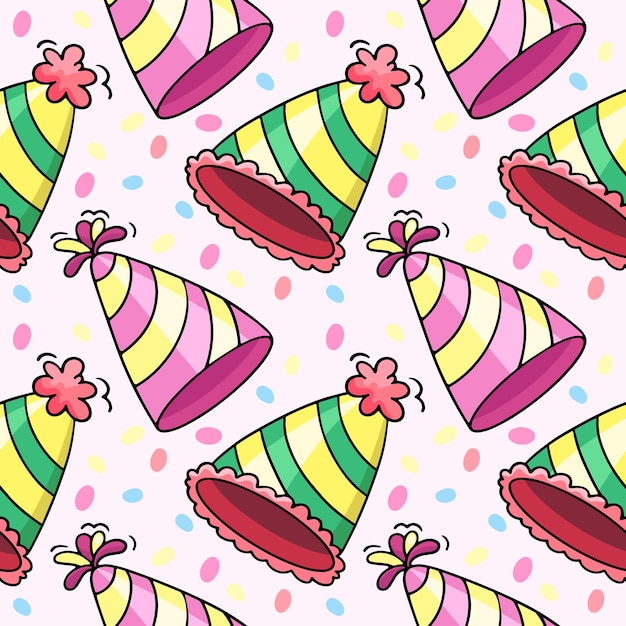 Paper cone cap party hat vector seamless pattern in the style of doodles hand drawn