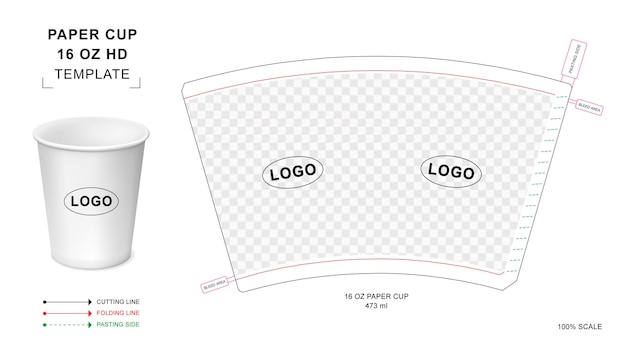 Paper cup die cut template for 16 oz HD