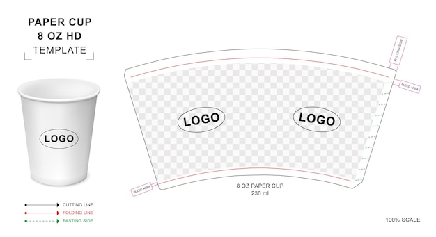 Paper cup die cut template for 8 oz HD