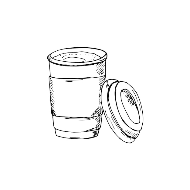 Paper cup filled with coffee Opened kraft coffee cup with a lid Handdrawn isolated illustration