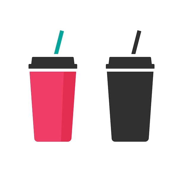 Paper cup of soda soft drink with straw stick icon flat red or beverage black white isolated shape