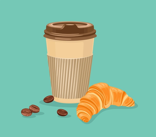 Paper cup with coffee and croissant