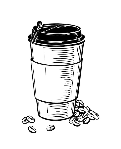 A paper cup with hot coffee and coffee beans lying nearby on white background