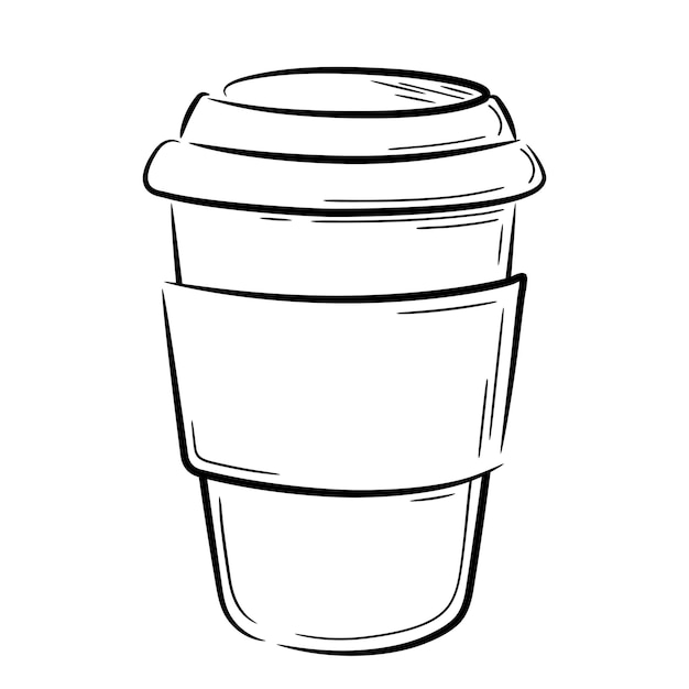 Paper cup with lid for hot drinks, hand drawn in doodle style. Isolated vector line art illustration