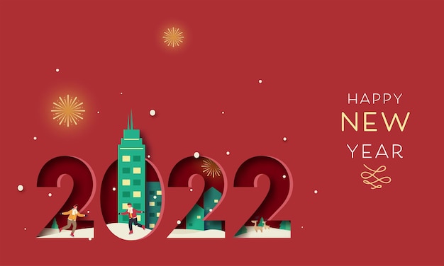 Paper Cut 2022 Number With Buildings, Fireworks And Young Couple Listen Music While Roller Skating On Red Background For Happy New Year Concept.