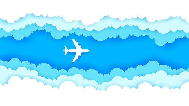 Paper cut airplane in sky surrounded by clouds