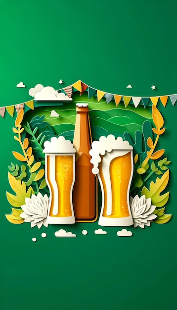 Paper cut art beer bottle and glasses