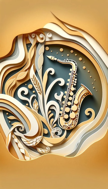 Paper cut art saxophone with abstract shapes world music day