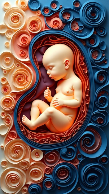 Vector paper cut art style baby inside the womb