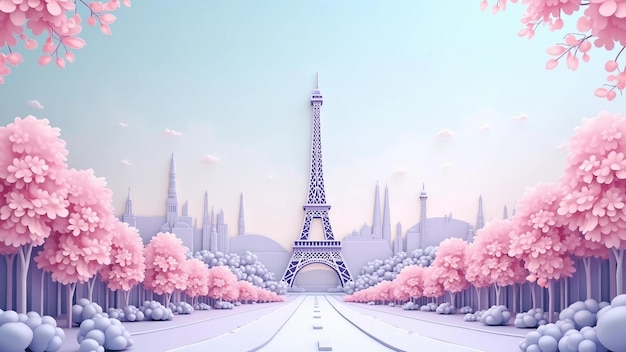 Paper cut art style Paris scene with Eiffel Tower