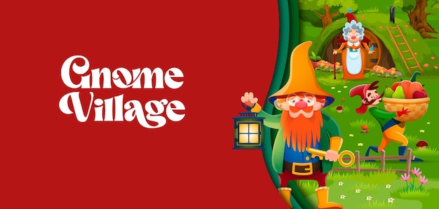 Paper cut banner with cartoon fairytale gnomes at village Vector 3d scene with fairy dwarfs hobbits sprites pixies or leprechauns in magic forest landscape with little houses and fantasy homes