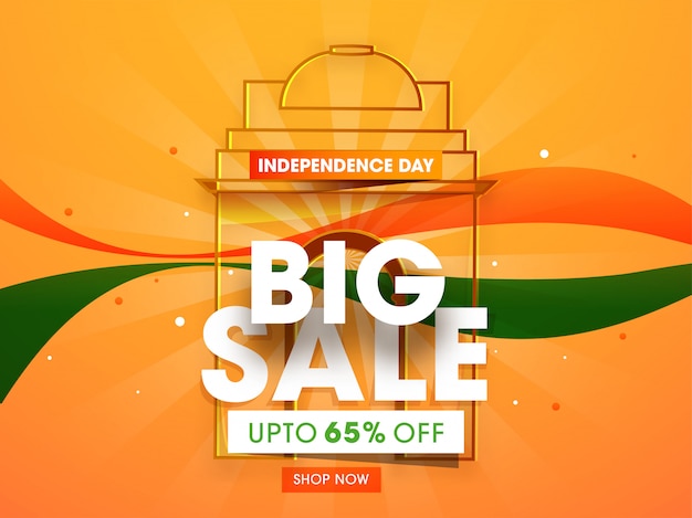 Paper Cut Big Sale Text  And Waves On Line Art India Gate Saffron Background For Independence Day. Advertising Poster .