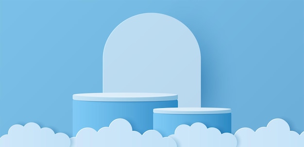 Paper cut of clouds with white cylinder podium for your product presentation mockup show cosmetic Vector illustration