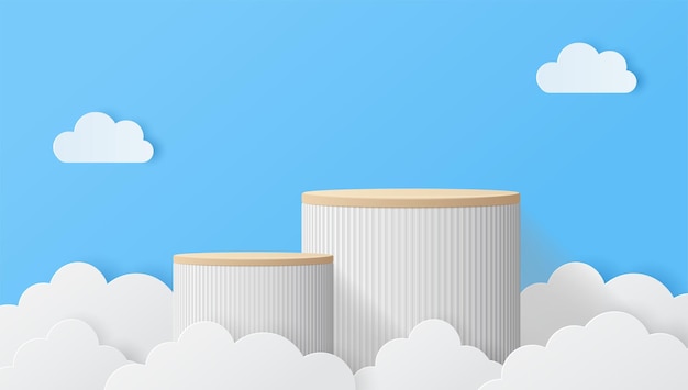 Paper cut of clouds with white cylinder podium for your product presentation mockup show cosmetic Vector illustration