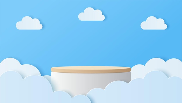 Paper cut of clouds with white cylinder podium for your product presentation mockup show cosmetic Vector illustration