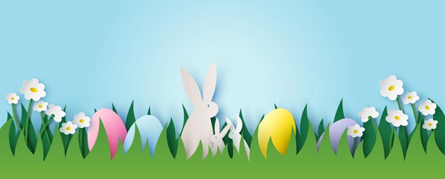 Vector paper cut of easter day with egg and rabbit in the flower garden