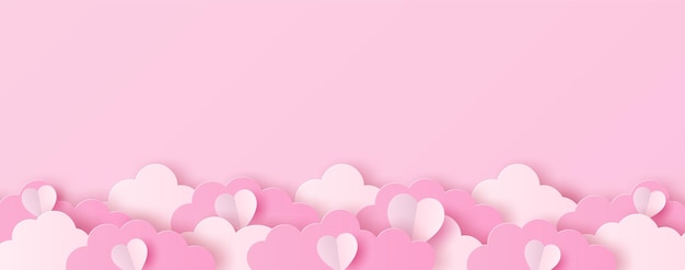 Paper cut of heart shape and clouds on pink background Valentines background