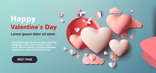 Paper cut hearts happy valentine day poster or voucher holiday celebration sale header template horizontal