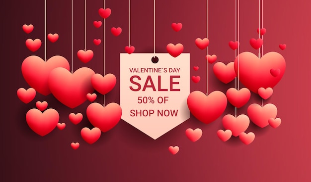 Paper cut hearts happy valentine day shopping poster or voucher holiday celebration sale header template